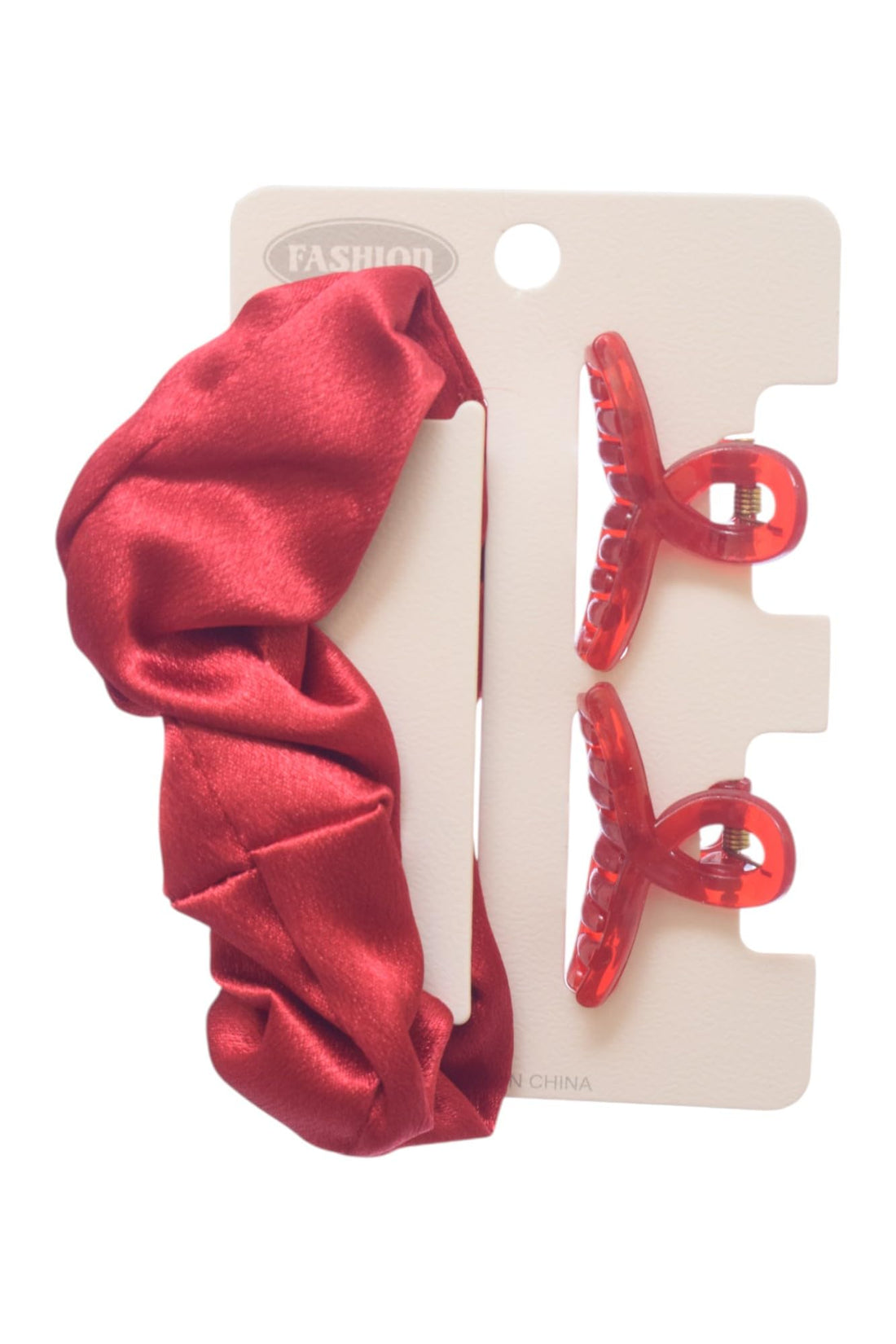Hair Claw Clips With Hair Scrunchies For Girls Set, 3 Pieces - Red