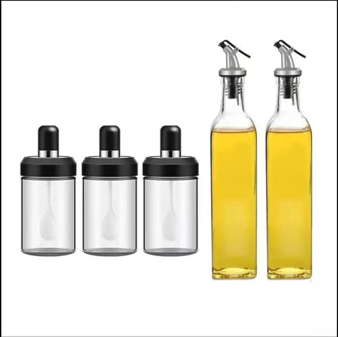 SHOWAY Glass Oil and Vinegar Dispenser Set 2 500ml and Three Seasoning Containers 250ml Seasoning Dispenser for Kitchen Dining Table with Airtight Seal and Leak Proof) (Set of 5)