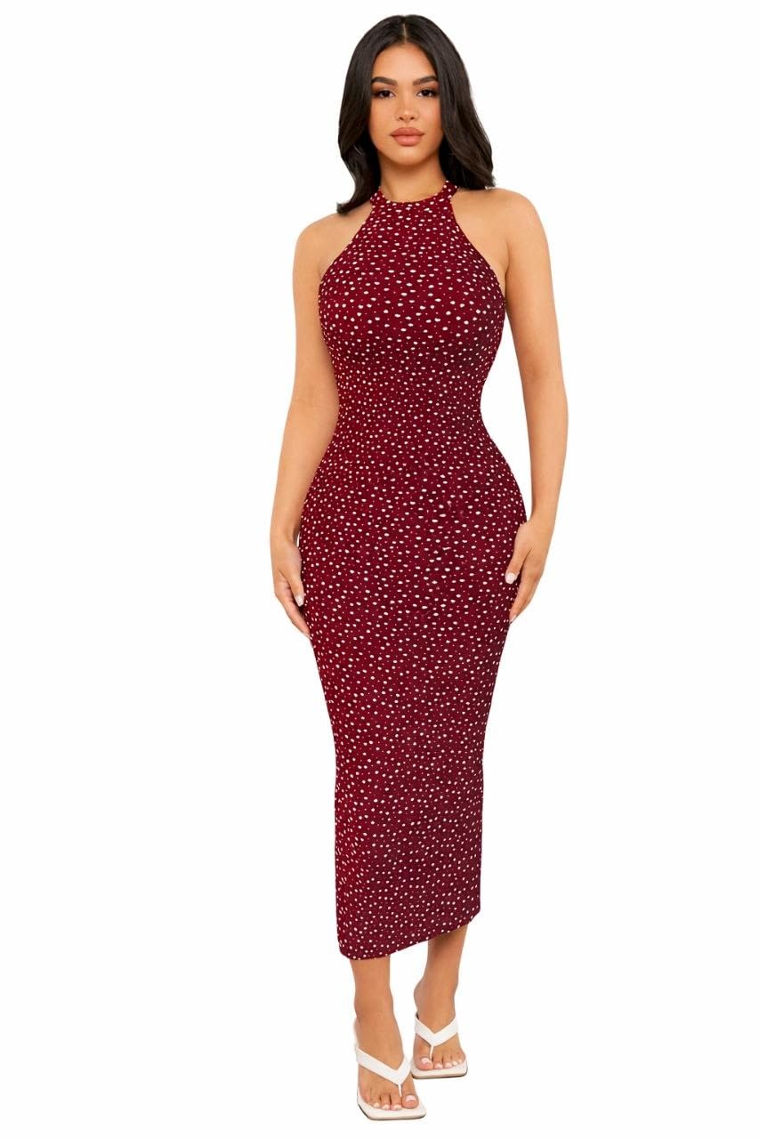 SHEIN Sundress Women's Heart Polka Dot Print Halter Neck Fitted Long Dress,Polka Dot Dress Long Bodycon Dress