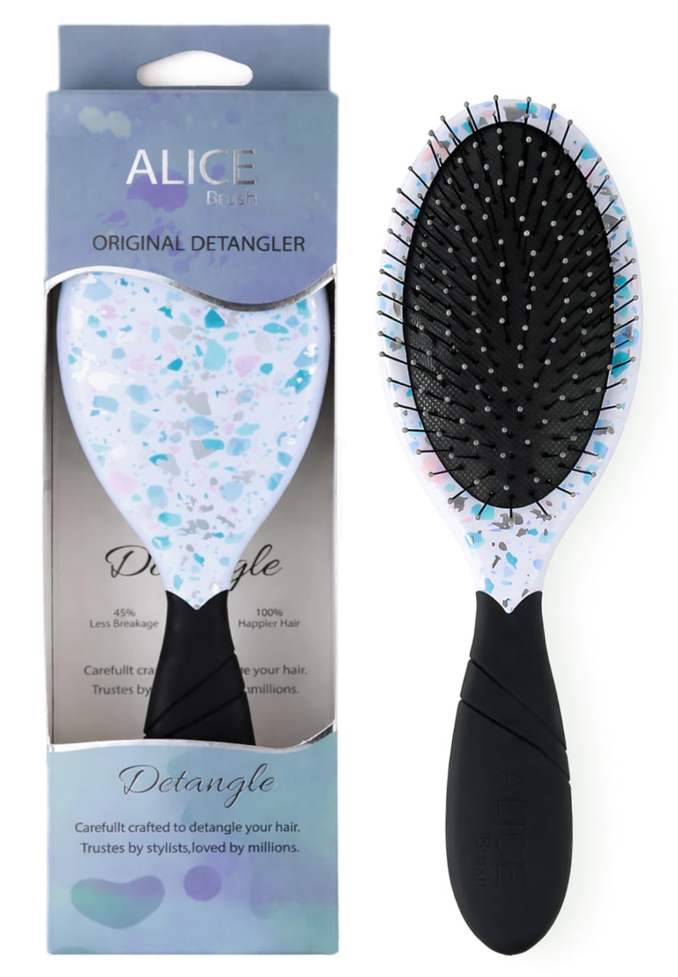 Alice - Detangling Hair Brush, Brush With Soft Bristles, For Wet & Dry Hair, Hair Stayling, Flexible Smooth Glide, Tangle Control, Professional Anti-Tangle, Scalp Massaging Brush (Marble Pieces)