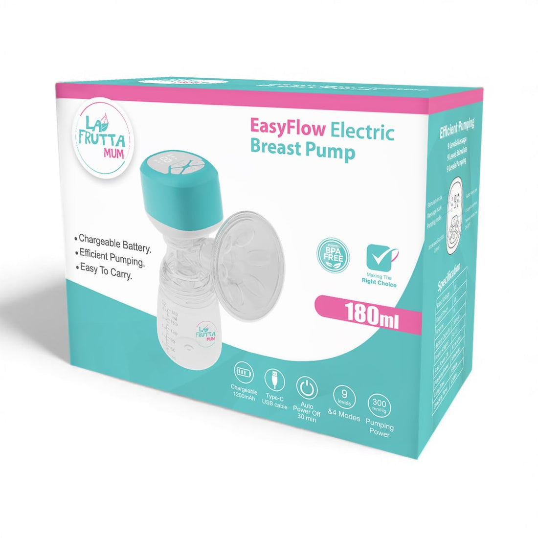 Easy Flow Electric Breast Pump, 180 ml bottle, Portable,Anti-Backflow, 3 Modes & 9 Levels LED Screen Display, USB Rechargeable, Ultra-Quiet and Pain Free