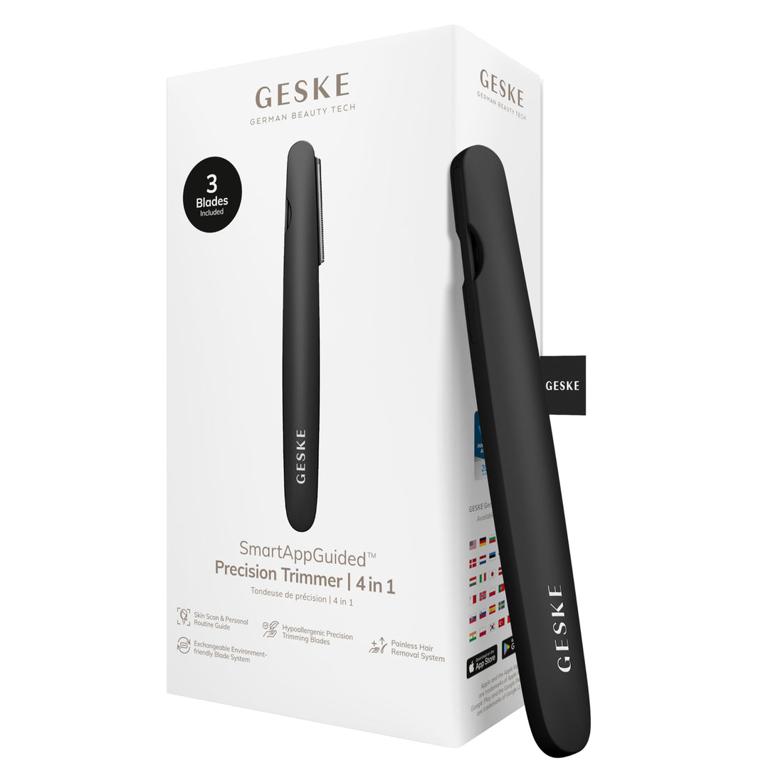 GESKE Precision Trimmer | 4 in 1 | Painless, Hygienic Hair Remover | Precise Hair Trimmer Tool | Face & Body | Men & Women | Grooming Device | Hypoallergenic, Easy-to-exchange Blades | All Skin Types