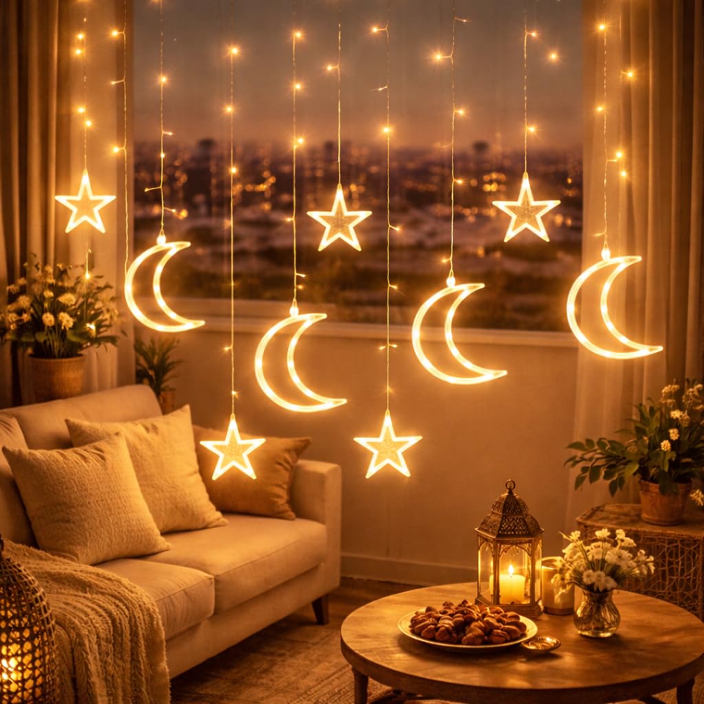 OVA Ramadan decorative curtain from Ofa in the shape of a star and crescent moon, suitable for homes, windows, and walls.