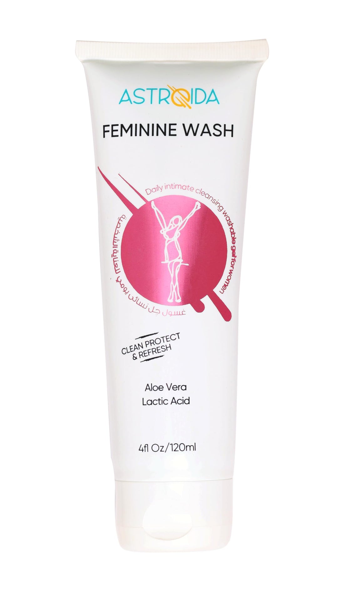 Astroida Feminine Intimate Wash Gel Reduces Dryness, Discomfort & Odor for Women with Lactic acid, Aloe Vera - Daily Wash -pH adjusted- Full Day Freshness & Confidence - 120ml 4fl Oz