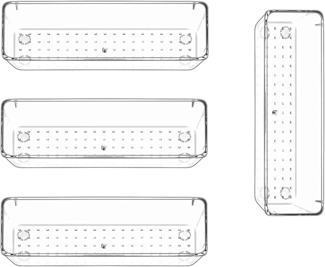 Circle M 4-Pack Long Clear Plastic Drawer Organizer Trays: Large Vanity Storage Bins