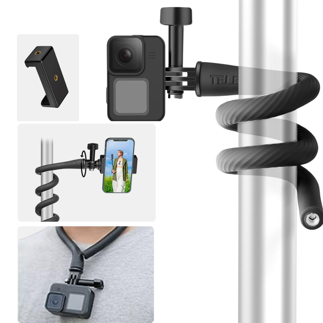 TELESIN°Flexible Neck Selfie Stick Camera Clamp Mount with Phone Clip for Max Hero 12 11 10 9 8 7 Insta360 X3 GO3 DJI Action 3 4 Action Cameras Phones for Bike Motorcycle Tube Video Shooting