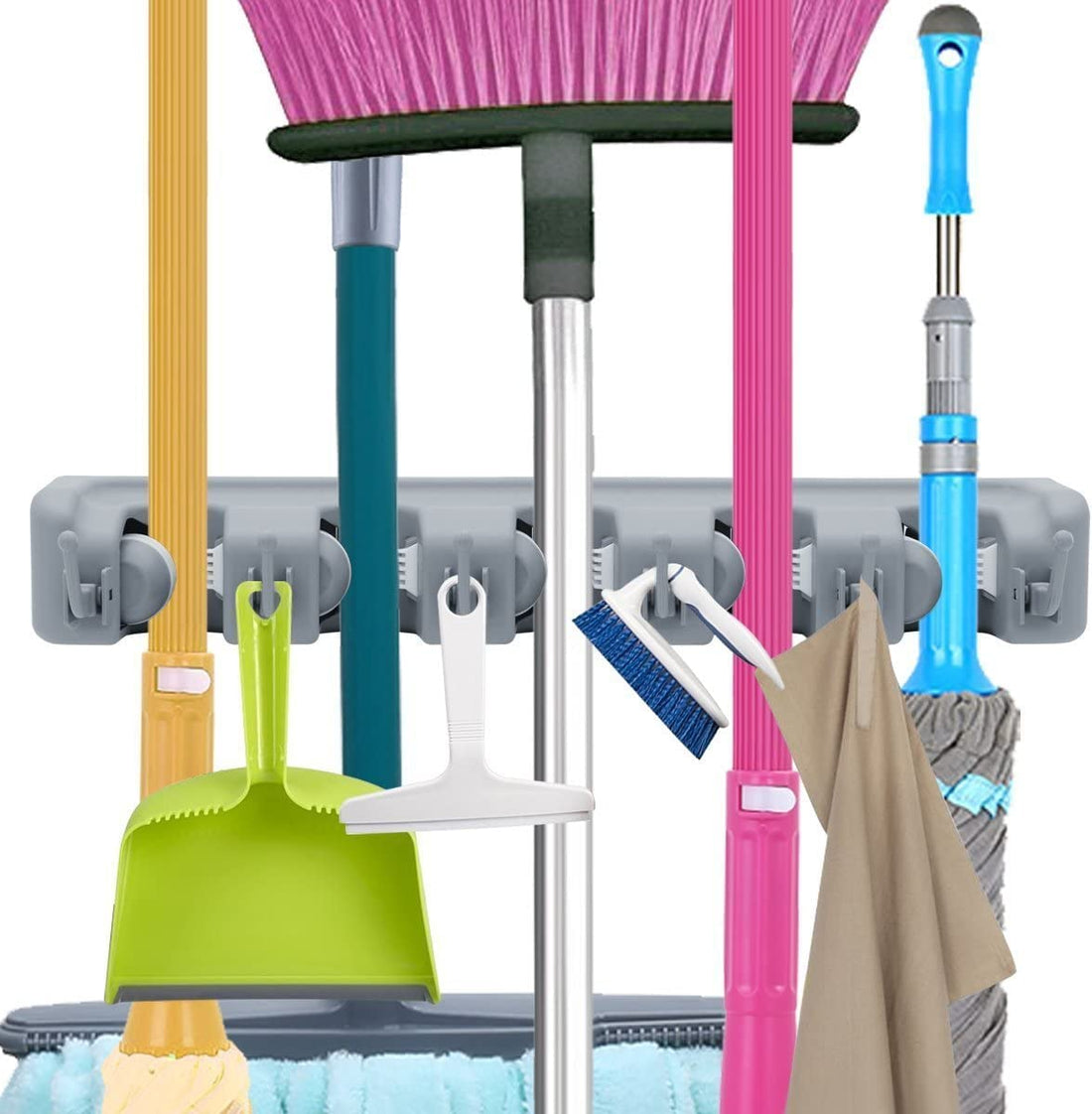 BUYORY Broom and Mop Holder Wall Mount, Broom Holder Wall Mounted, Mop Holder, Cleaning Supplies Organizer, Broom Hanger and Tool Rack for Home, Kitchen, Bathroom etc, (5 Slots with 6 Hooks) (Grey)