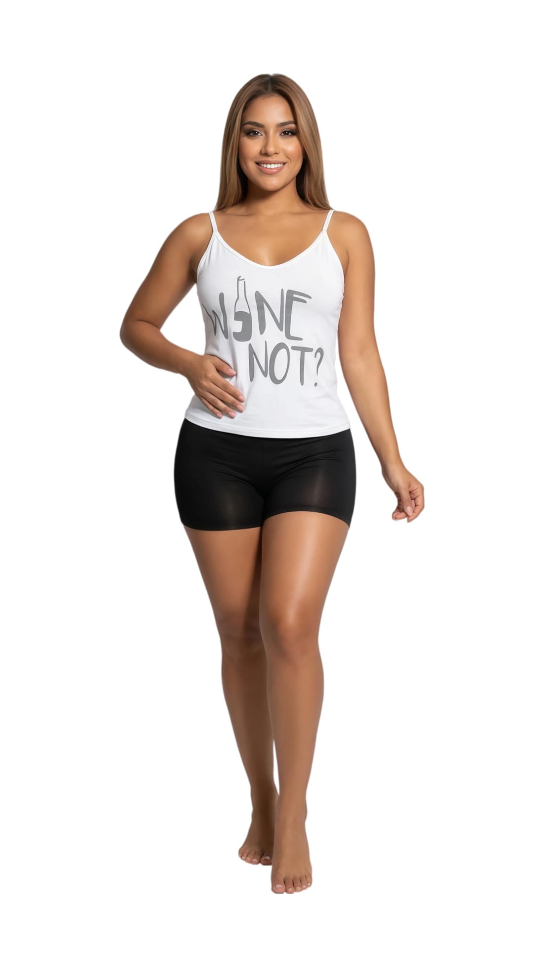 MANIKAN women's Pajama Set, White Cami Top with Black Shorts, Spaghetti Strap Sleepwear, Drawstring Waist