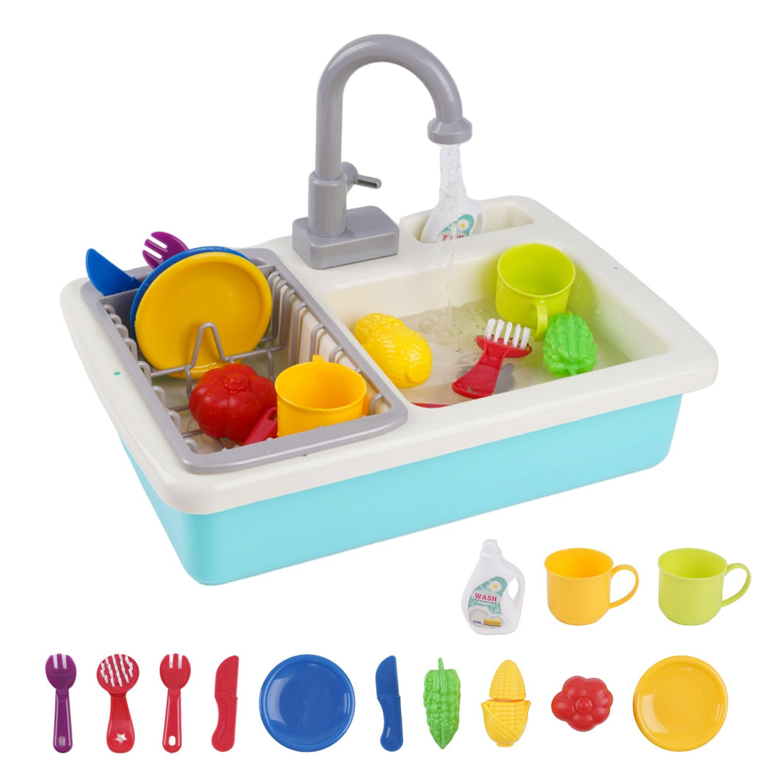 HOMCENT Kitchen Sink, Toy for Kids, Play Sink with Running Water, Toy Kitchen Accessories, Fruit Vegetable Cutting, Toy Sink with Working Faucet, Role Play Kitchen Set, Gift for