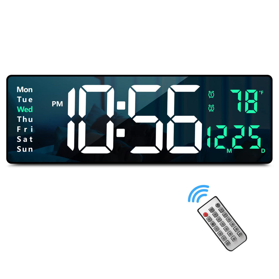 Digital Wall Clock Large Display, 16.2 Inch Large Wall Clocks, Modern LED Digital Clock with Remote Control for Living Room Decor, Automatic Brightness Dimmer Clock with Date Week Temperature (Green)