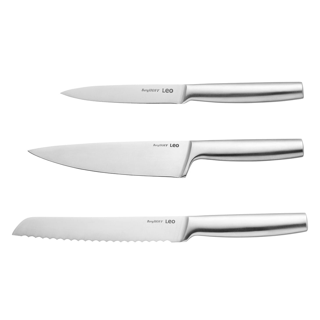 Berghoff Legacy 3Pc Classic Knife Set, Chef's, Utility, Bread Knives, Stainless Steel Sharp Blade Kitchen Knives, Hollow Handle, Seamless Construction