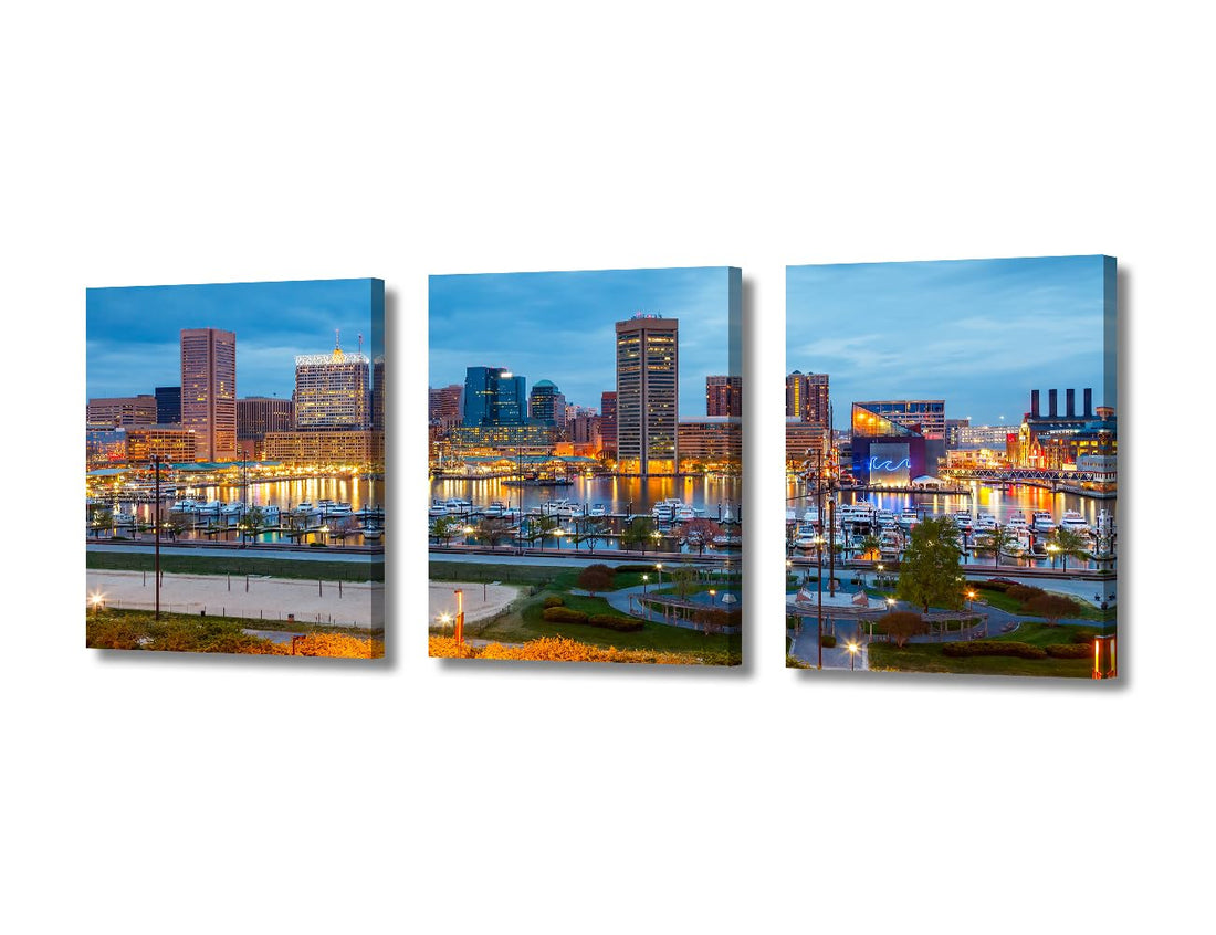 Baltimore Maryland Skyline Canvas Wall Art Panoramic Downtown Home Decor Building Prints Painting Landscape Picture for Bedroom Modern 3 Piece Wall Decoration Framed Ready to Hang (36''W x 16''H)