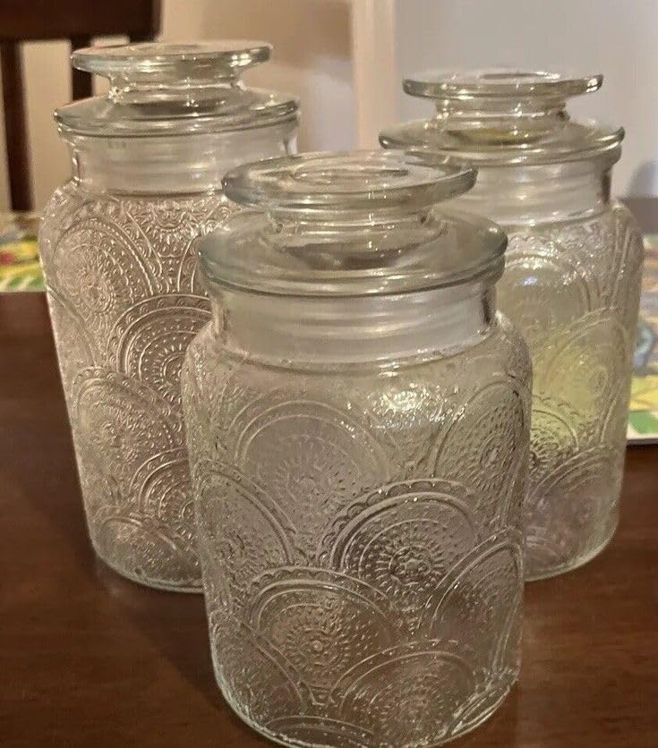 3 Piece Embossed Glass Jar Set, Classic Decorative Design, Versatile Kitchen Storage Containers