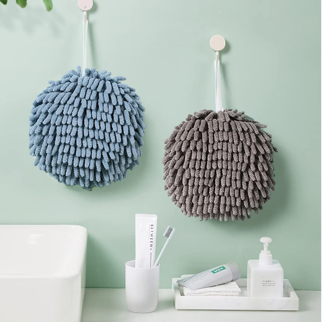 NC Kitchen Bathroom Hand Towel Multifutional Absorbent Chenille Ball Quickly Dry Hand Wiping Ball Hanging Towels 2 Packs (blue+grey)
