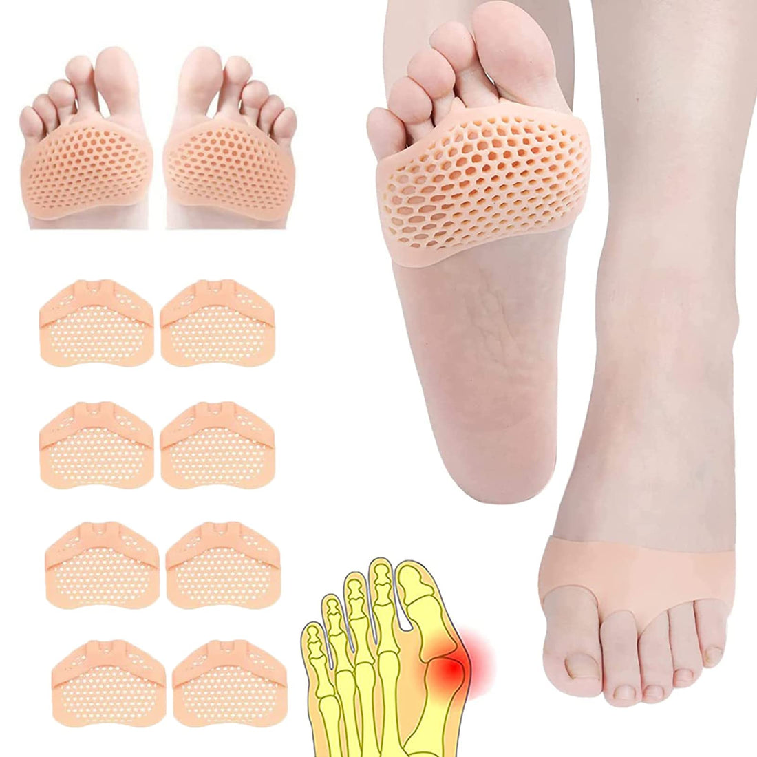 HELOVGE Metatarsal Pads, 8 x Gel Foot Plantar Cushion, Forefoot Pad, Metatarsal Cushions, Plantar Pain Relief for Men and Women