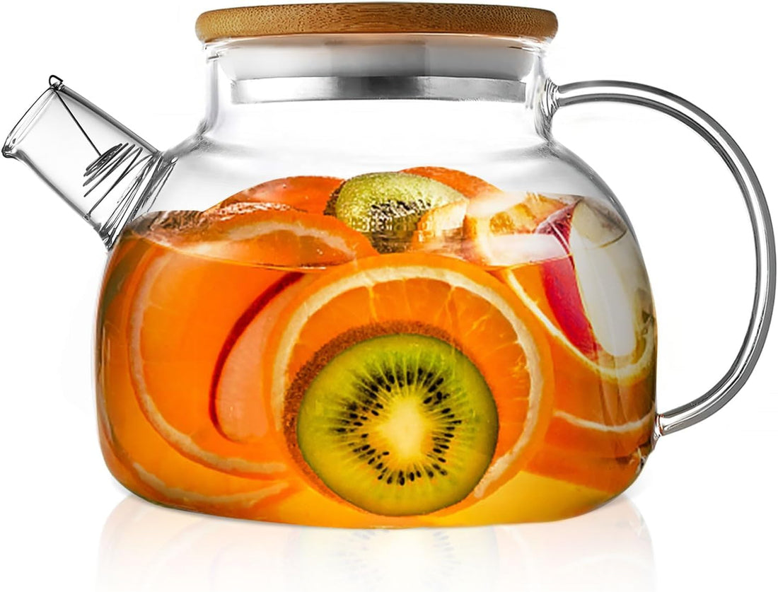 Plan A 1000ml Glass Teapot with Bamboo Lid and 4 Glass Cups, Borosilicate Teapot Stovetop and Fridge Safe, Glass Water Kettle with Stainless Steel Infuser Heat Resistant