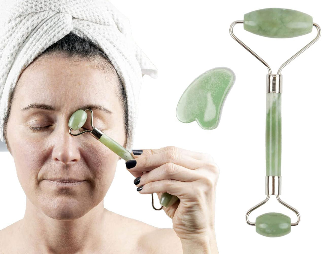 HYX Gua Sha and Face Roller Set, Authentic Natural Jade Stone, Professional Tools for Skin Care Routine, Wrinkles Treatment Tools, Massager Tools for Face, Neck and Body