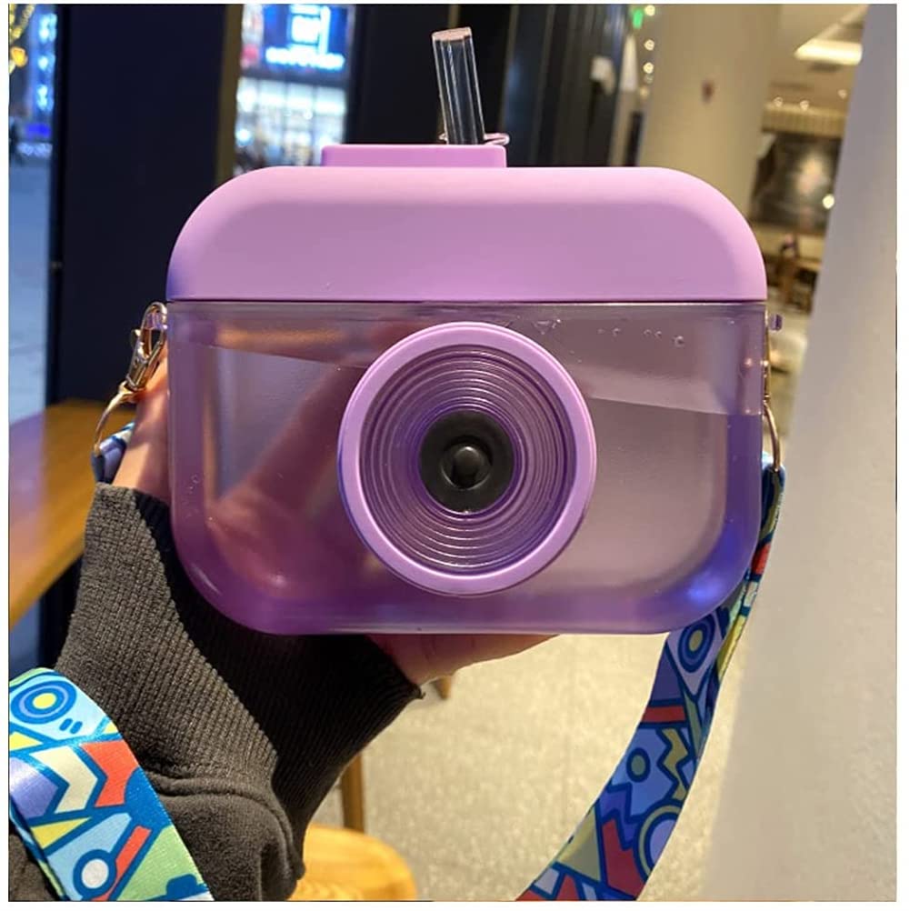 Cute Water Bottles with Straws, Creative Kawaii Camera-Shaped Straw Cups, Kawaii Water Leak Proof Bottles, BPA-Free Water Cup for Adult Kids Outdoor Camping Sports Travel Picnic (400 ML, Purple)
