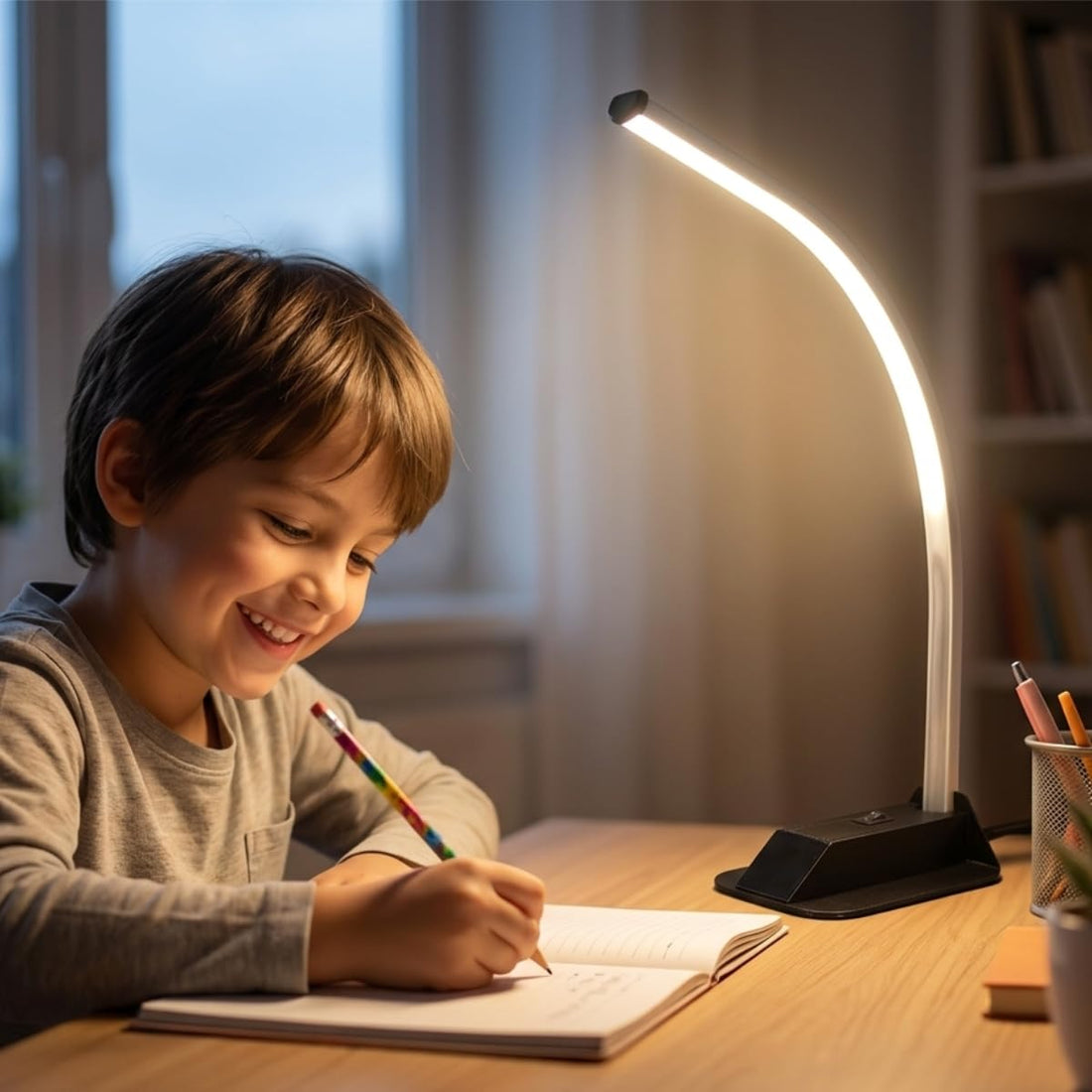 LED Desk Lamp for Study and Night Work - Eye Comfort Warm Light - Curved Design to Reduce Hand and Pen Shadow - 826 Lumens/7W Efficiency