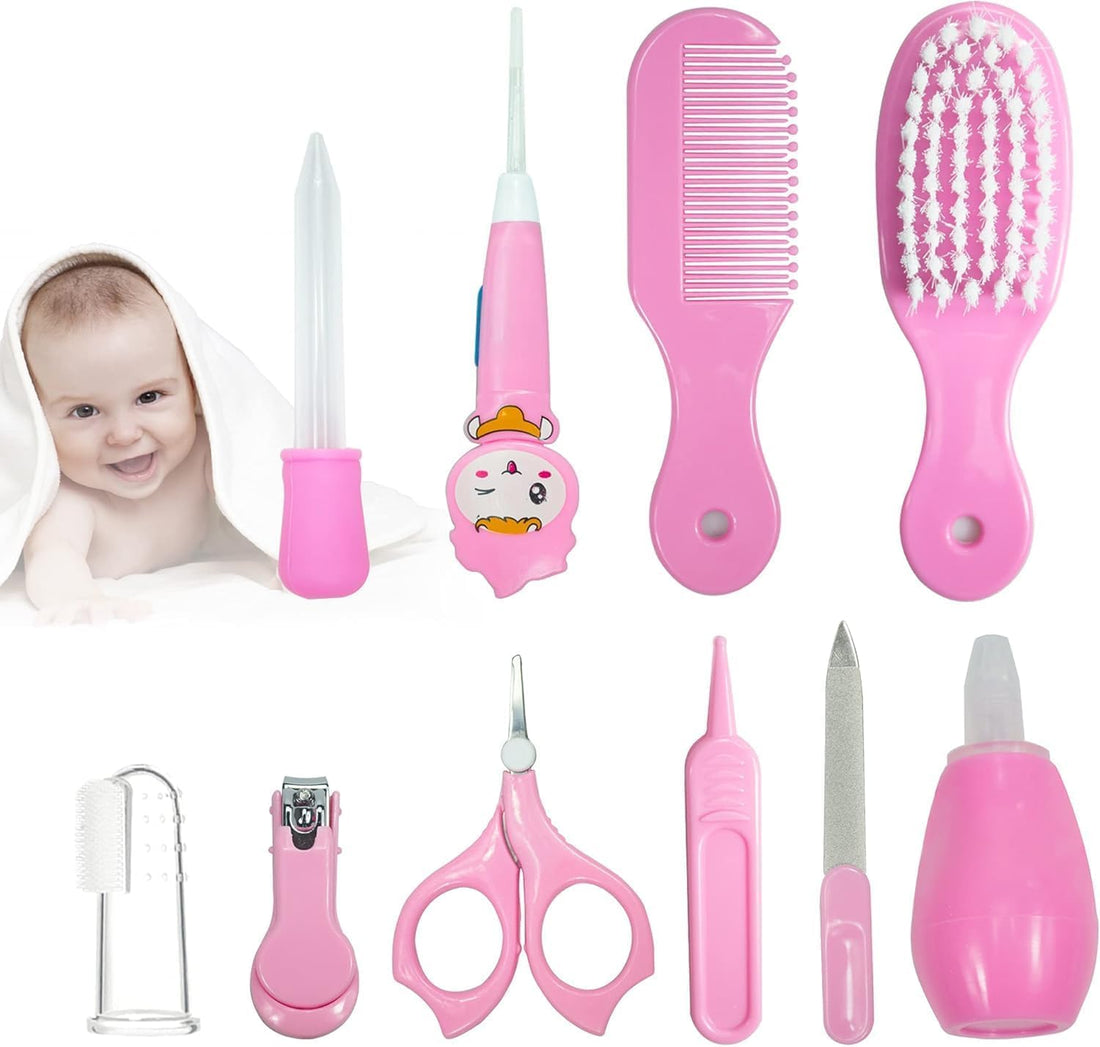 QSHOP Baby Care Kit, 10 Pcs Baby Health Supplies Baby Health Tools, Newborn Products, Nail Comb, Nail Trimmer, Thermometer Sets (Pink)