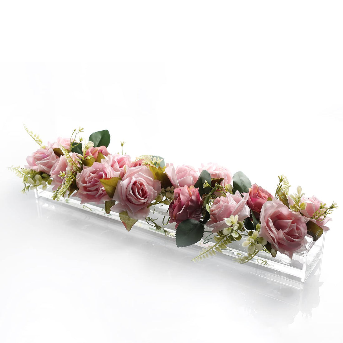 BEST MEDIA Rectangular Floral Centerpiece, Modern Acrylic Flower Vase, 60 cm Long Low-Laying Rectangle Design, Perfect for Dining Table Weddings or Home Decor, LED Feature, Clear
