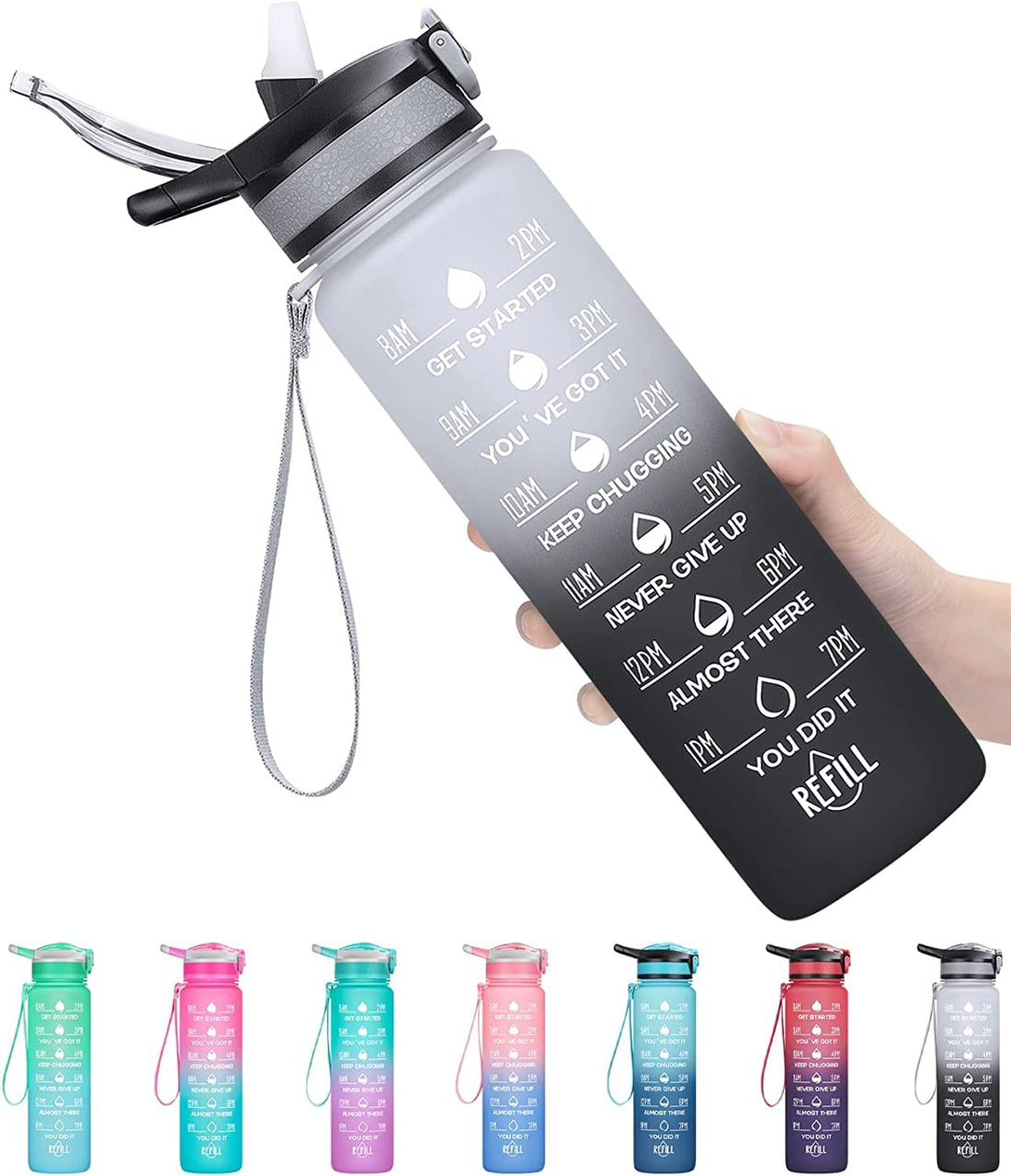 TGT Sports Water Bottle, Motivational time marker, BPA Free Tritan Non-Toxic Plastic Drinking Bottle, Leak proof, Fruit infuser for Sports, Gym, Outdoor, Cycling, School & Office