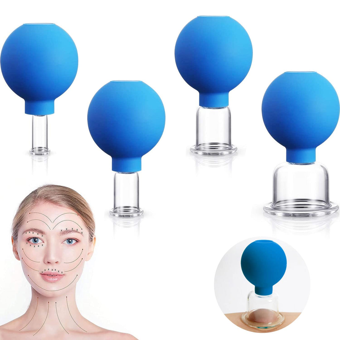 Set of 4 Cupping Glass Set, Facial Cupping Set, Face Vacuum Suction Massage Cups Neck Head Face for Tight Skin, Wrinkle Reduction, Detoxification, Stimulation Lymphatic Flow