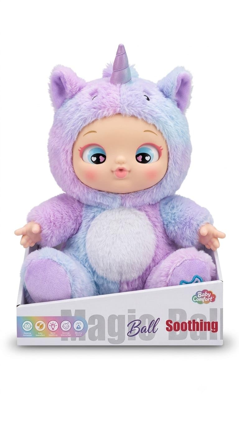 Baby Comfort Magic Ball Soothing Doll, Unicorn Theme, Purple Plush, Baby Comfort Toy