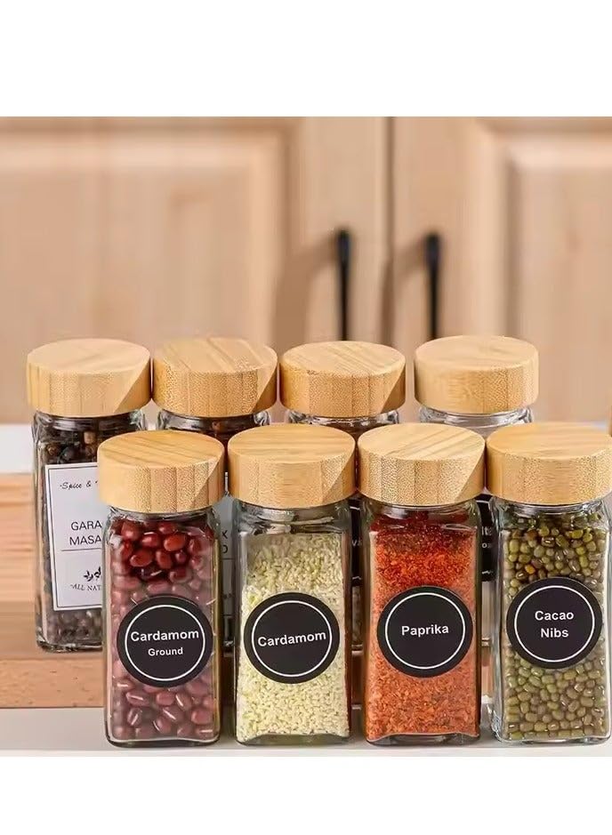 24 Pcs Spice Jars, Empty Glass Spice Jars, Square Spice Jars for Herbs, Spices & Seasoning -Kitchen Storage & Organization of Spice Jars with Lids, with a Funnel, and With English and Arabic Lables