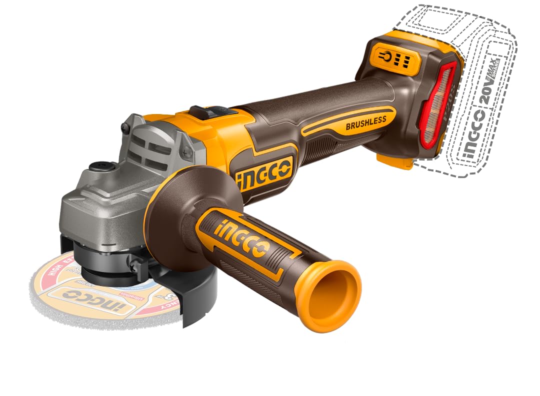 INGCO 20V Cordless Angle Grinder, 115mm, Brushless Motor, Without Battery & Charger, Model: CAGLI21154