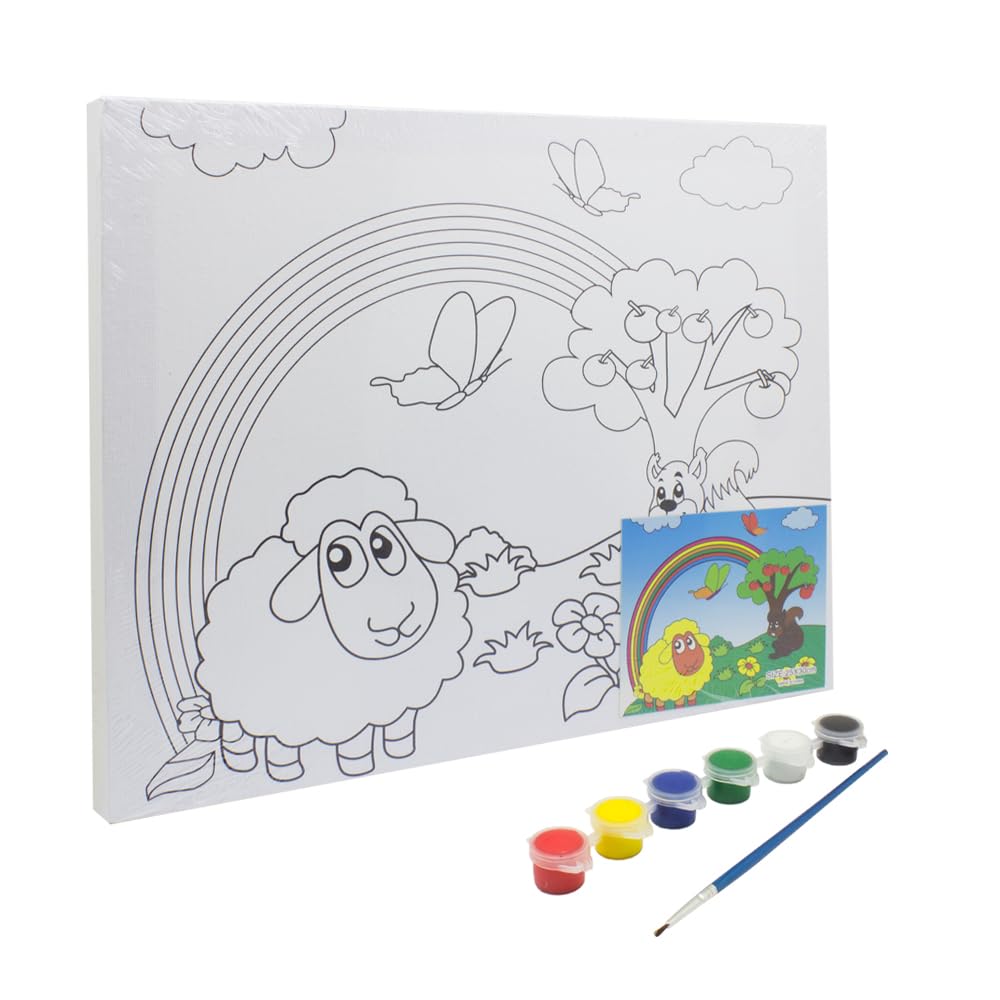 Keep Smiling Canvas Painting Set With Paint Brush & 6 Watercolor For Kids, 30 x25 cm - White Black - 522