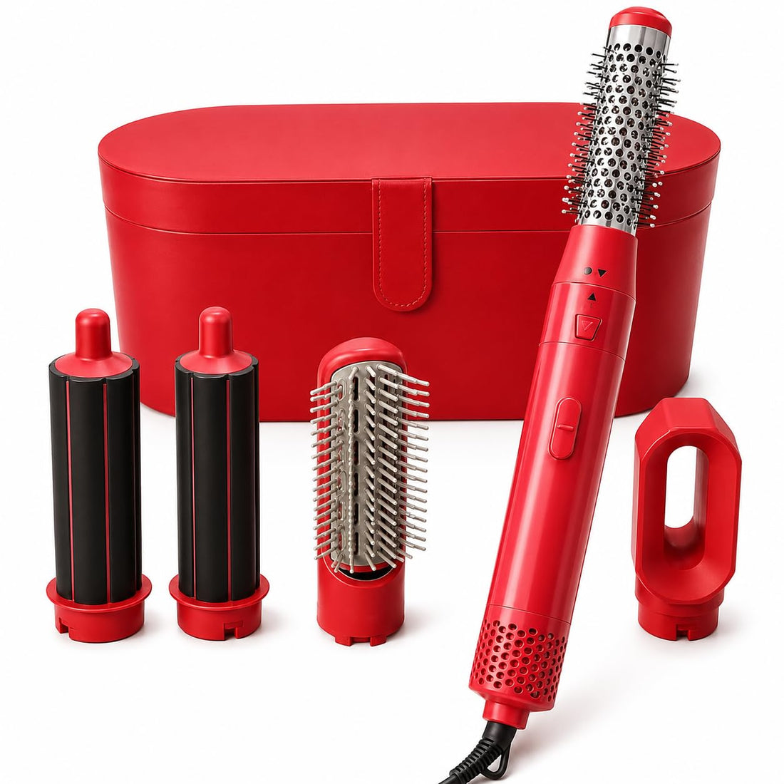 Hot Air Brush 5 in 1 Hair Dryer Brush, Hair Styler and Volumizer with Multi Attachments for Drying, Curling, Smoothing and Everyday Styling (Red)