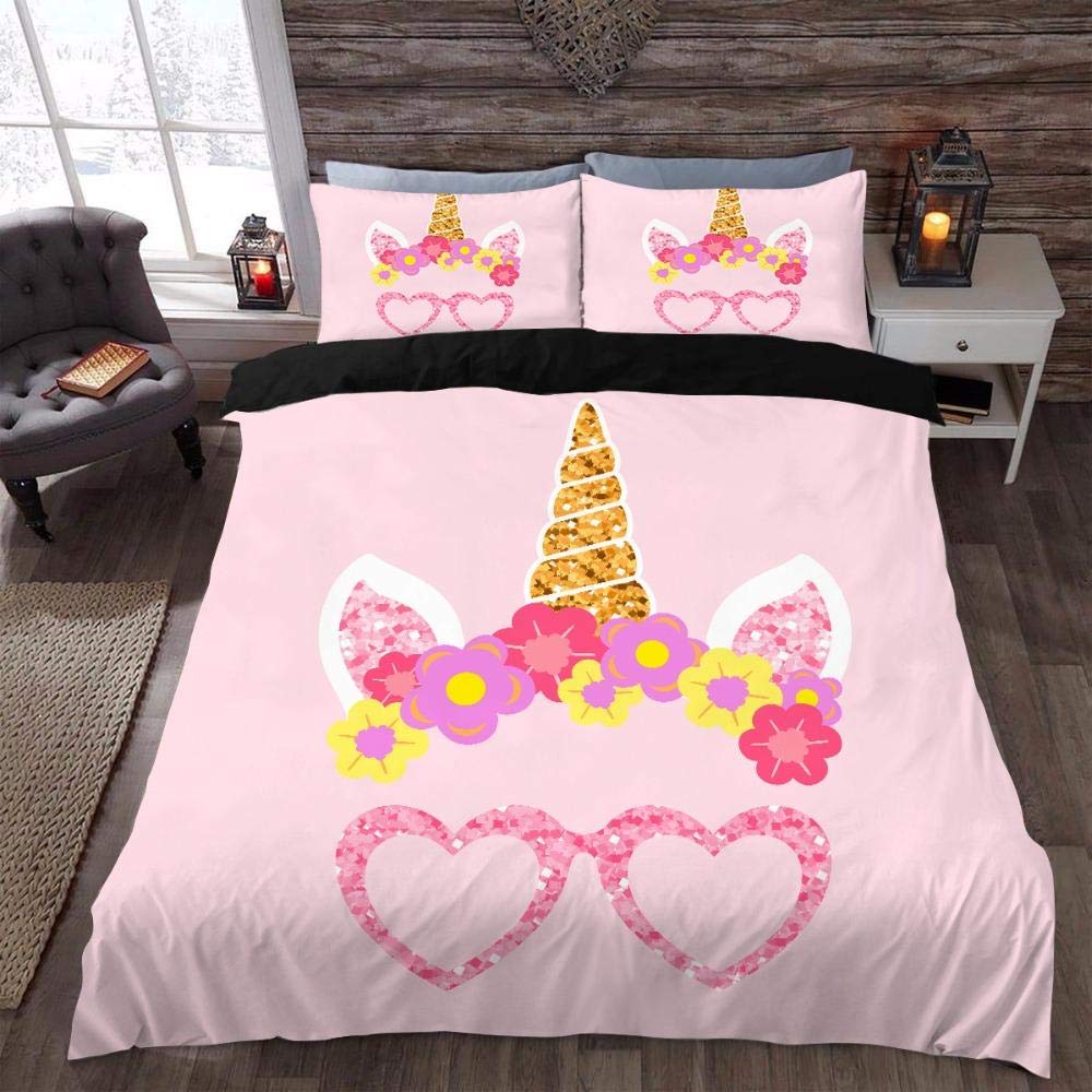 Single Duvet Cover With 2 Pillowcase 3D Cartoon Animal Unicorn Bedding Set Soft Easy Care 100% Microfiber Quilt Cover With Zipper Closure, For Adults And Teens Bed 135X200 Cm