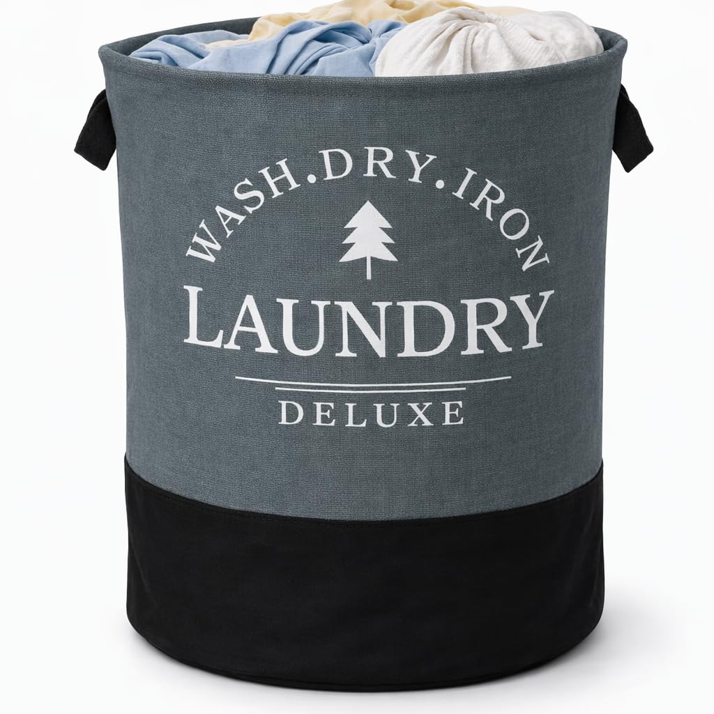 Round Fabric Laundry Hamper, Foldable Waterproof Storage Basket with Thick Cotton Handles, Easy to Carry, Ideal for Clothes, Toys, Space Organization (Dark Gray)
