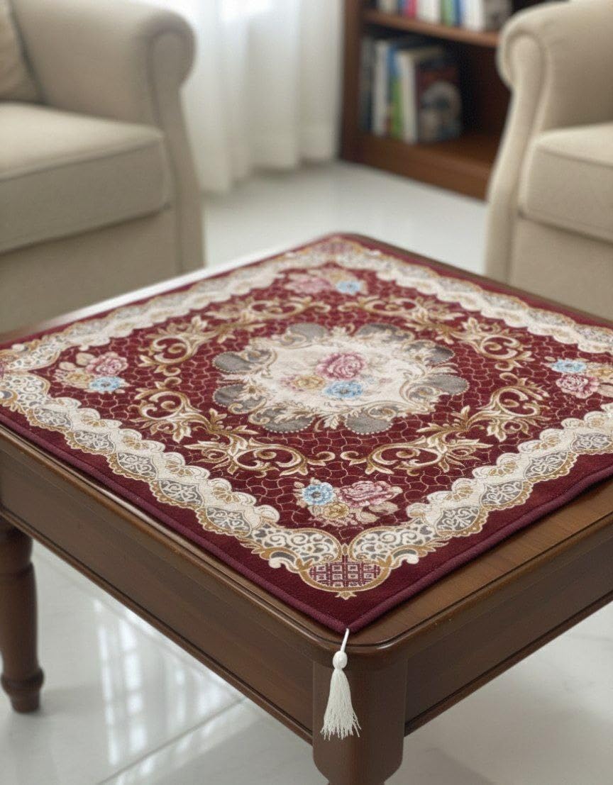 Generic Square Coffee Table Cover with Floral Pattern, Burgundy Red, 100x100cm, Thick Lined, with Tassel