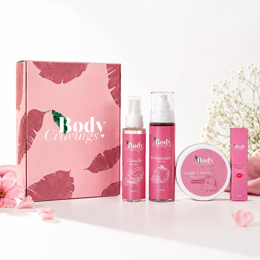 Body Cravings Luxury Self-Care Gift Box | Pomegranate Body Mist, Coconilla Hair Mist, Vanilla & Honey Body Scrub & Lip Tint | Premium Beauty Gift Set for Women