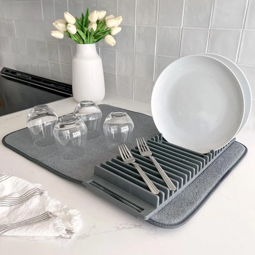 EBASKET Dish Drying Rack with Utensil Holder, Microfibre Mat