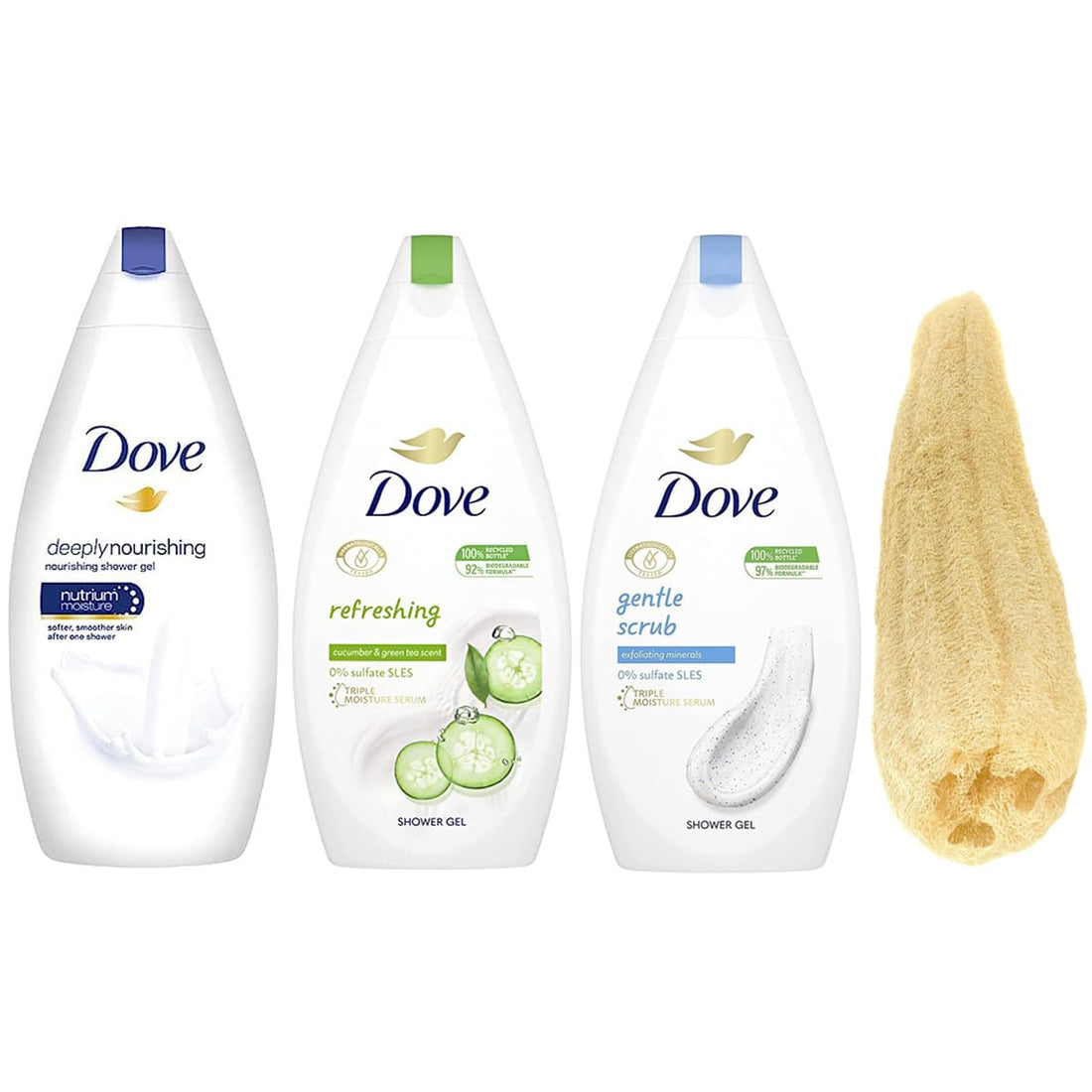 Dove Indulge in Luxurious Showers Body Wash 3 Pack - Deeply Nourishing, Refreshing Gentle Exfoliating - 500 ML or 16.9 Fl Oz with a Free Natural Loofah | Pure Shower Bliss