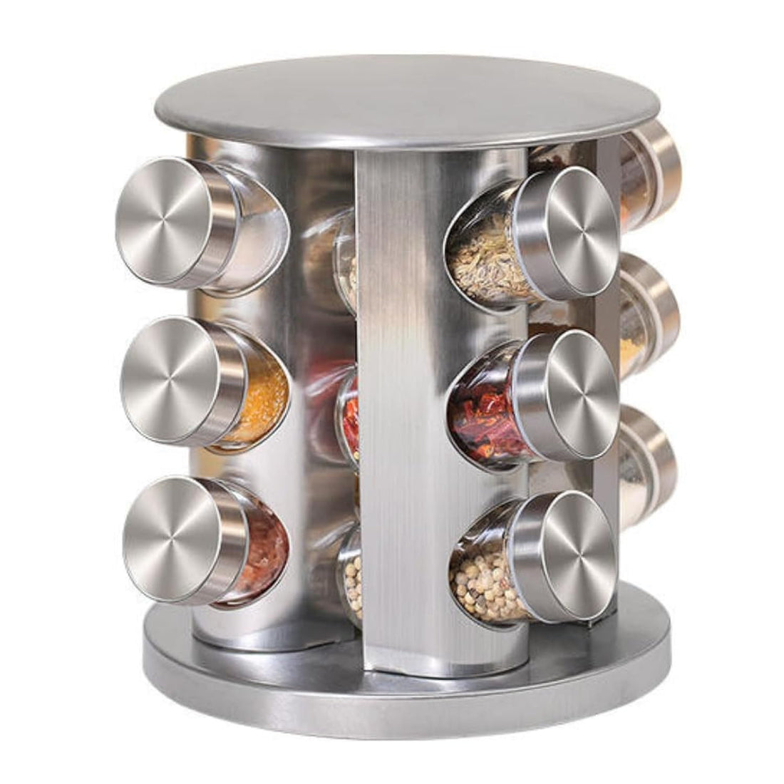 HEXAR Stainless Steel Revolving Spice Rack Set with 16 Spice Jars Spice Rack Tower Organizer for Countertop or Cabinet Standing Seasoning Tower for Kitchen 360° Rotating Spice Carousel (12 JARS)