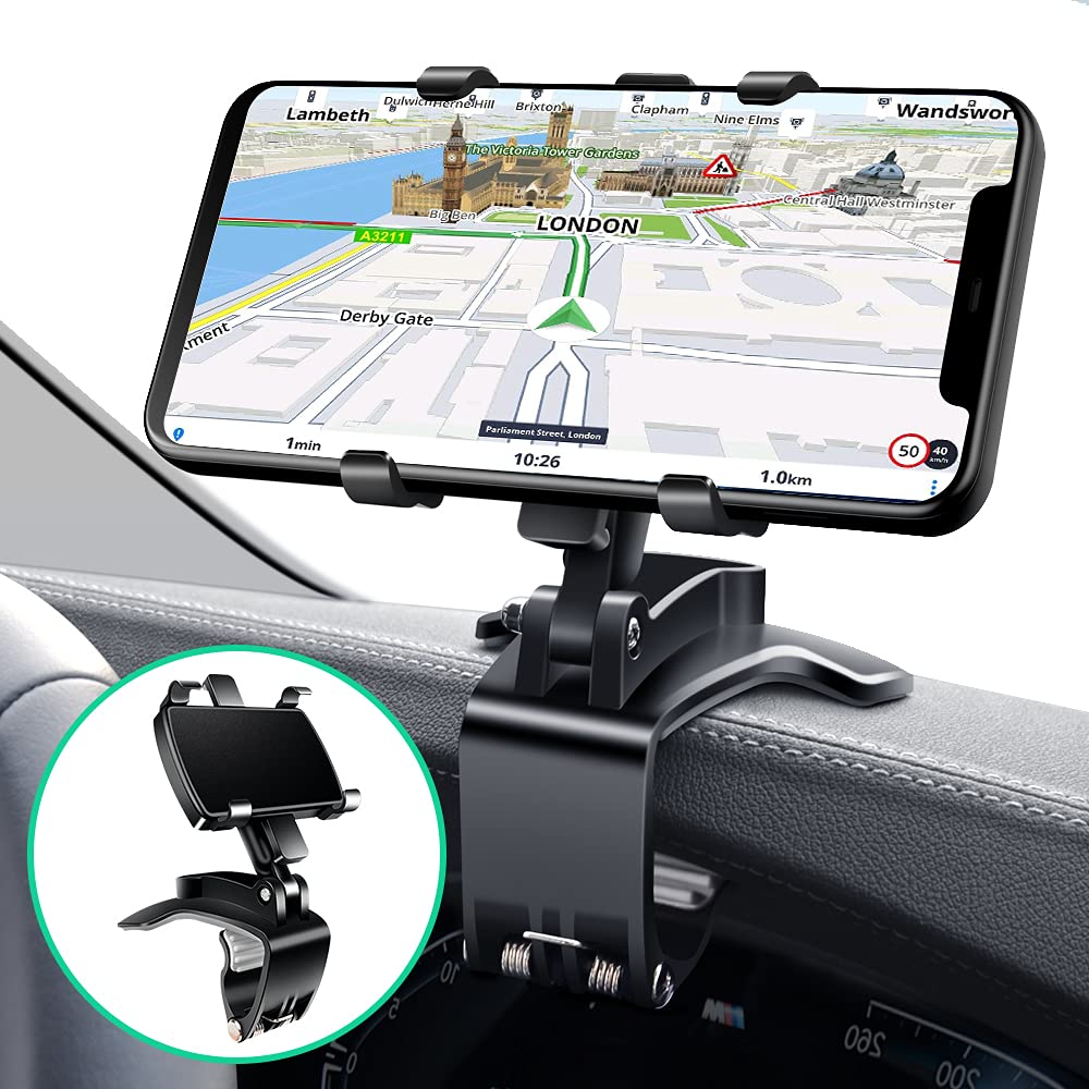 Car Mount for Cell Phone, Car Dashboard Phone Holder Phone Clip for Car Truck Strong Clip Compatible with iPhone 13 12 11 Pro Max Samsung Galaxy Note S21 Ultra and 4 to 7 inch Smartphones GPS