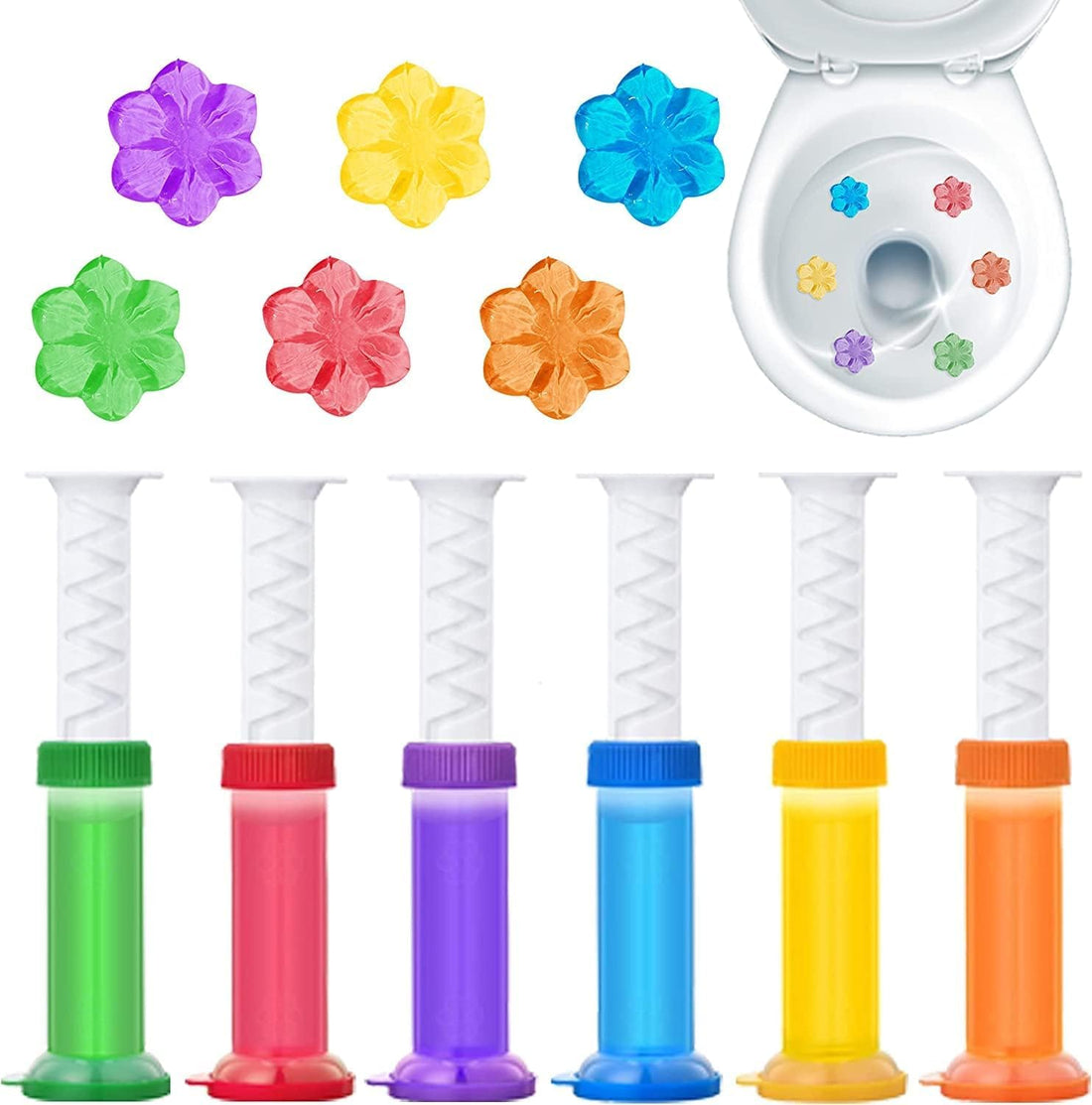 Toilet Gel Stamp, 6 Pcs/66 Count Fresh Flower Stamp Toilet Gels Long-lasting Fragrance Bathroom Deodorizing Clean, Includes Dispenser and Gel حقنة جل معطر تواليت