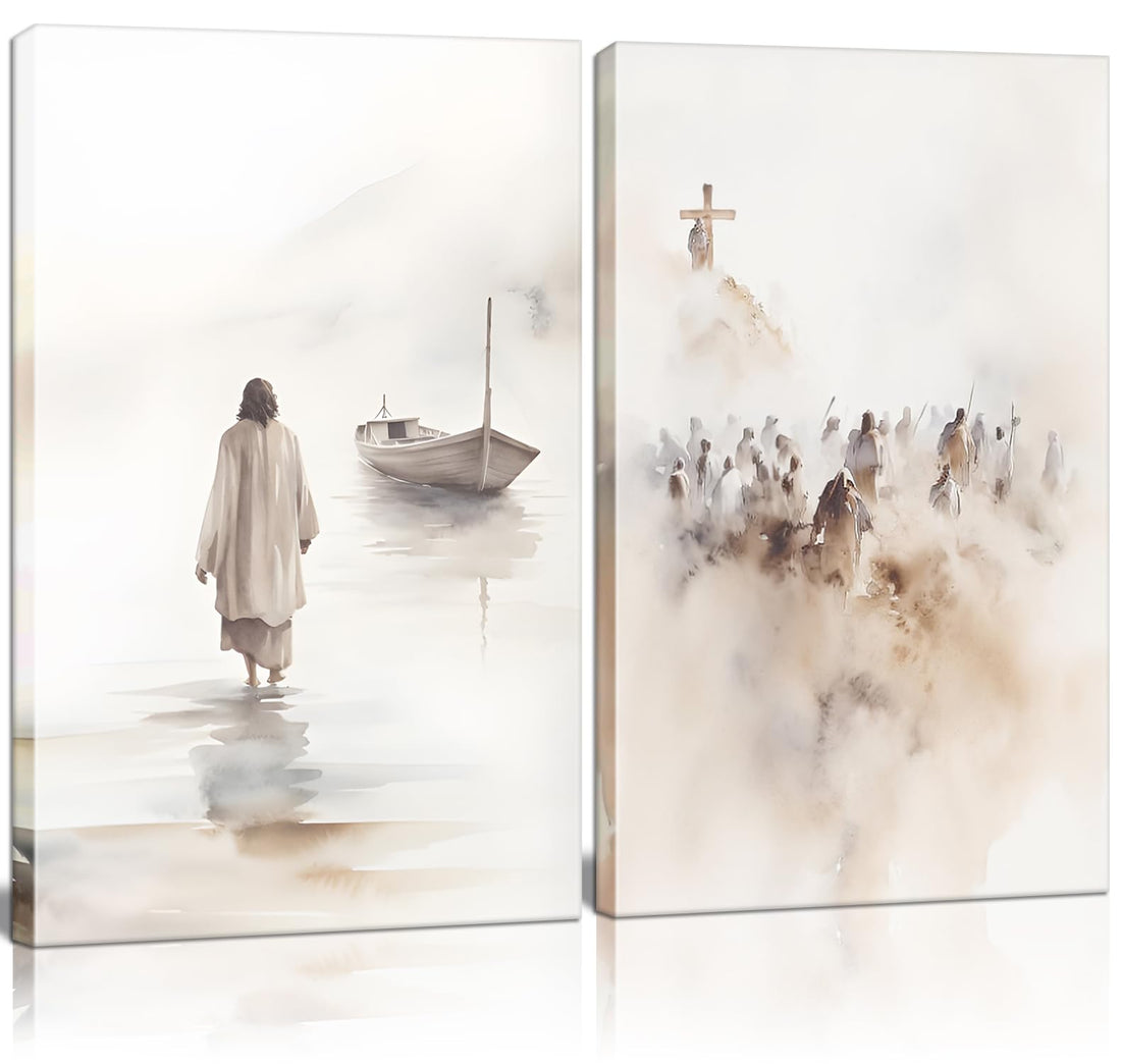 2Pcs Framed Jesus Wall Art Christian Bible Canvas Wall Decor God Poster Minimalist Boho Home Pictures Posters Prints Religious Paintings Room Bedroom Church Decorations Ready to Hang 12x16Inch