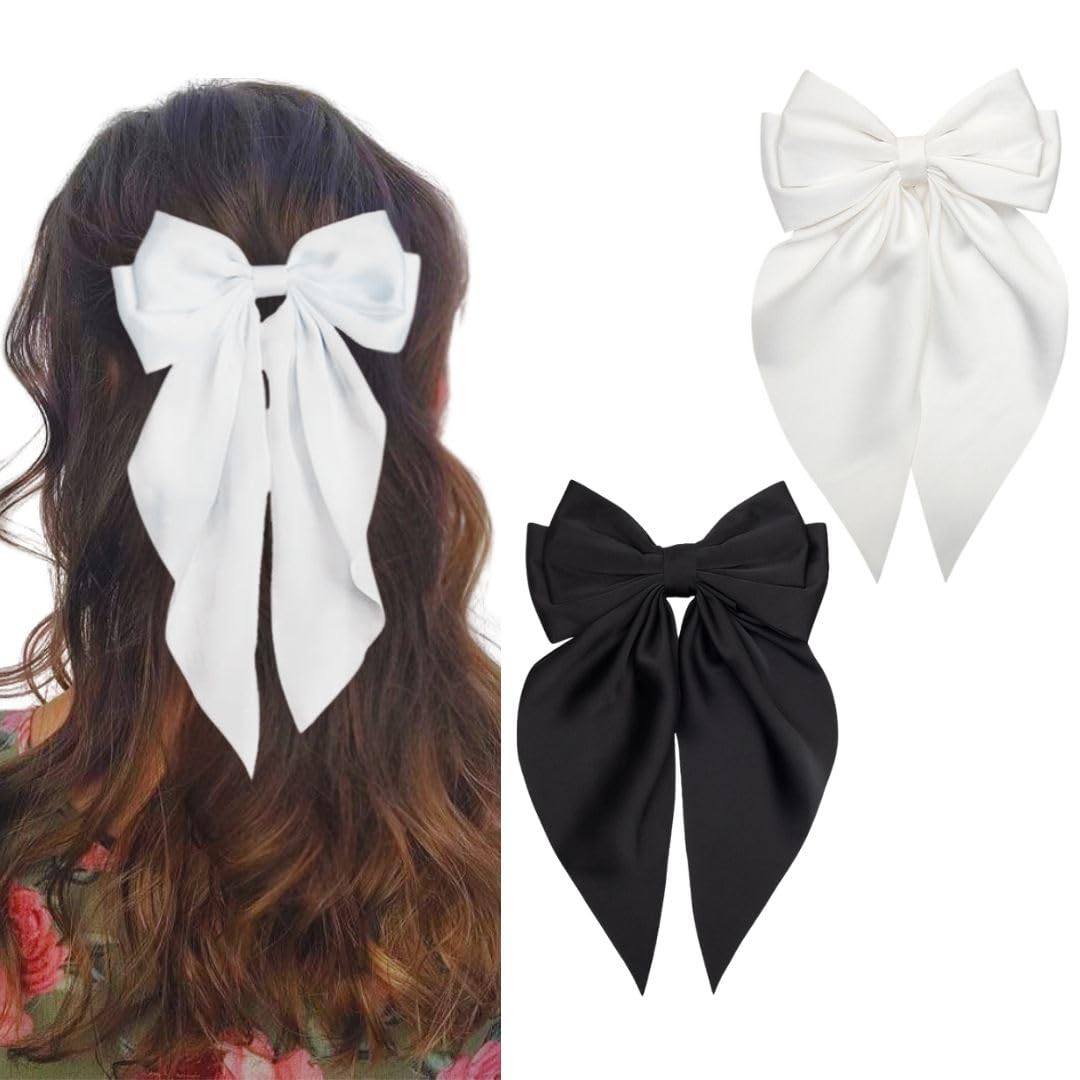 Radhu & Kabby Satin Hair Bow For Women and Girls | Black and White Hair Accessory | Hair Alligator Clip for Easy Use | Classic & Comfortable Hair Clips for All-Day Wear | 2 Pcs