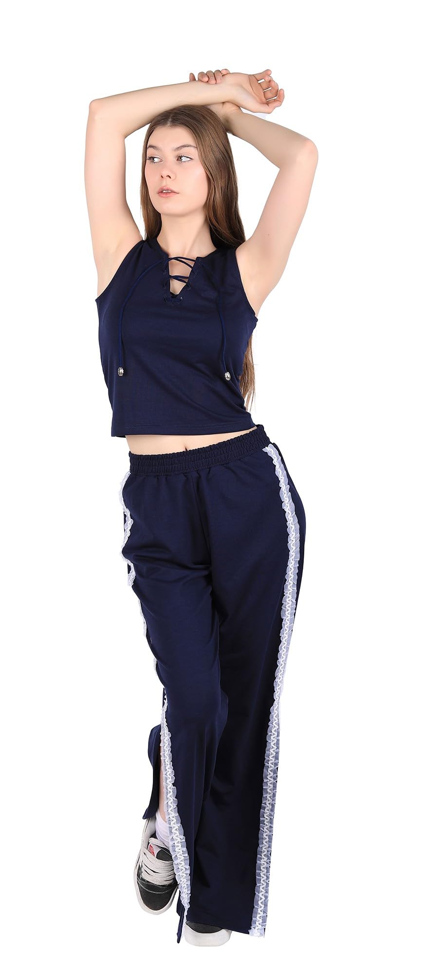 Women's Crop Top and Wide Pants Set Women's Athletic Pajama Set with Open Knee Pants and Crop Top