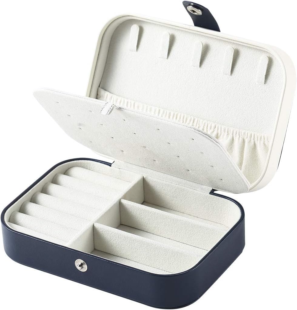 Travel Jewelry Box, PU Leather Small Jewelry Organizer for Women Girls, Double Layer Portable Mini Travel Case Display Storage Holder Boxes for Stud Earrings, Rings, Necklaces, Bracelets (navy blue)