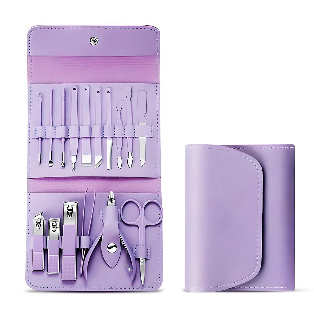 16 pcs Stainless Steel Nail Care Tools Pink Manicure Set Professional Nail Clippers Pedicure Kit 1 Grooming Kit with Luxurious Travel Leather Case for Men Women- (Nail Set 16 pic-Purple)