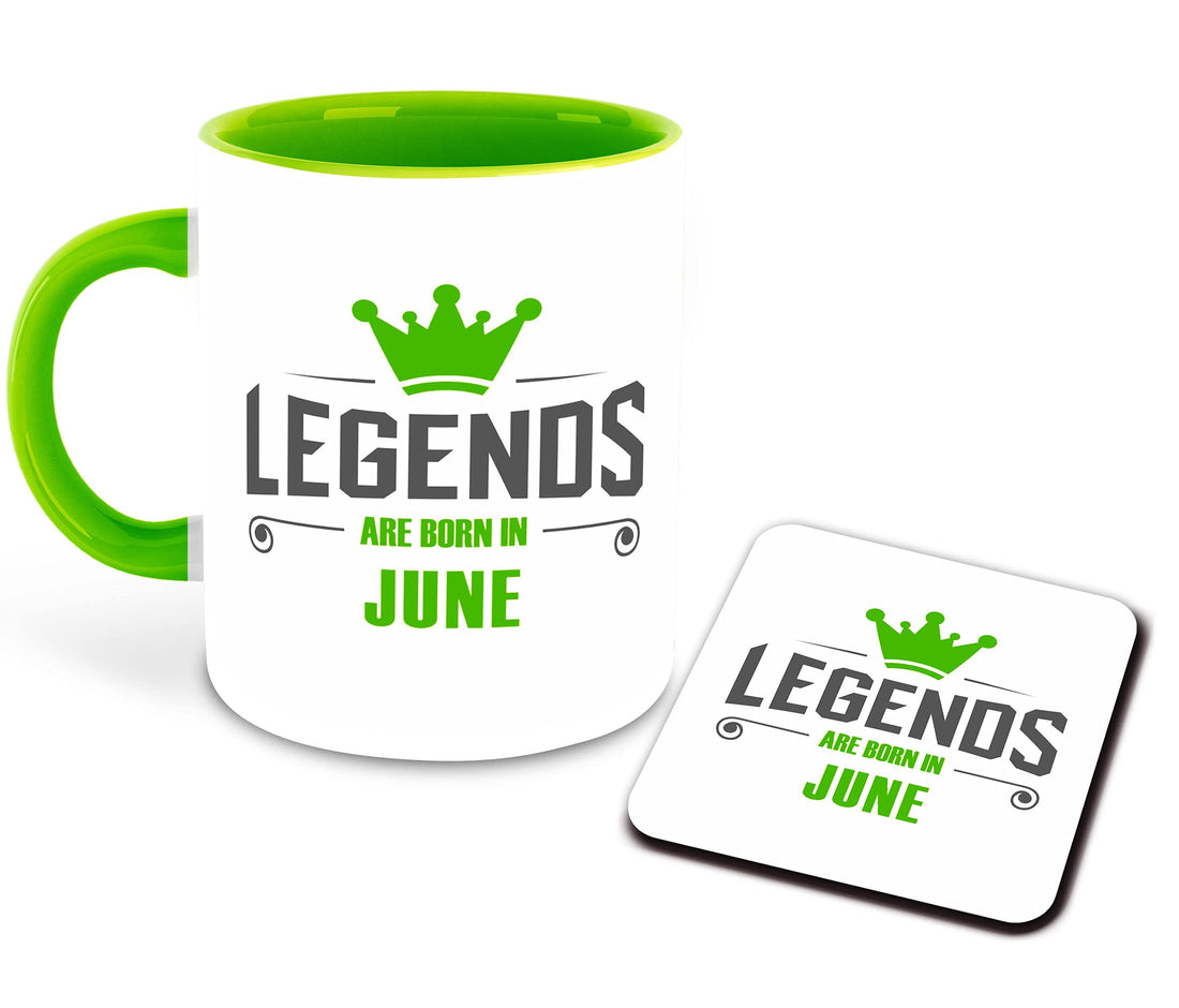 Whats Your Kick - Legends are Born in June Printed Light Green Inner Colour Ceramic Coffee Mug with Coaster | Drink | Milk Cup - Best Gift | Legends Happy Birthday (Multi 6)