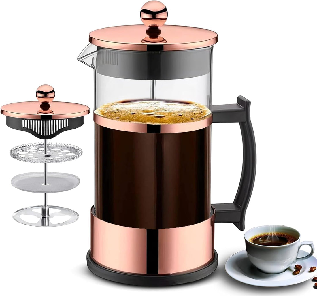 French Press Coffee Maker Heat Resistant Glass Tea Press Compact Design With Stainless Steel Filter For Home Office Travel Easy Brewing (Gold DV-148, 350 ML)