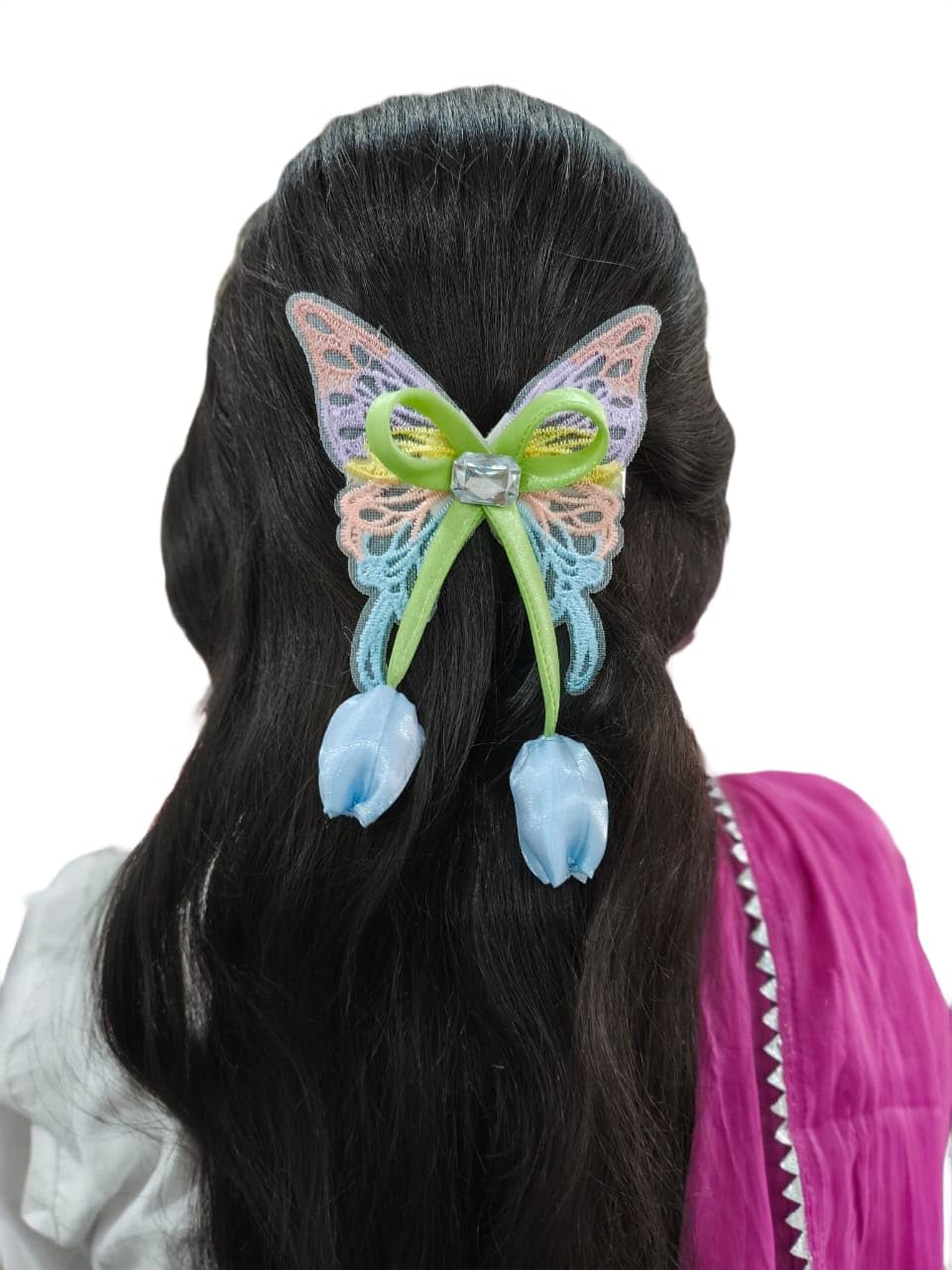 1pc Butterfly Hair Stick with Dangling Beads, Elegant Tulip Bow Spring Clip, Girls Hair Accessory, Multiple Colors