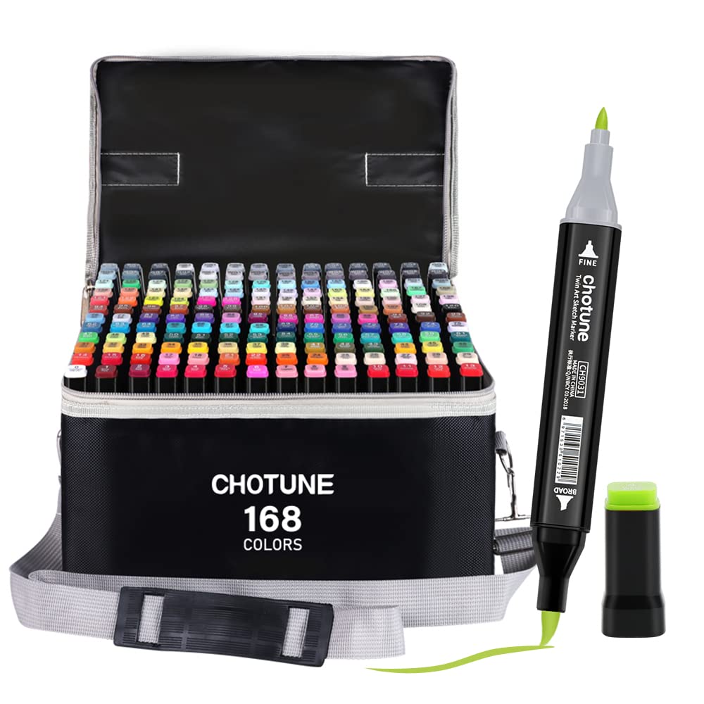 CHOTUNE 168 Colours Marker Set, 2023 Latest Permanent Marker, Unique Double Head Design, Equipped with Black Carry Bag, Storage Base for Manga Sketching Drawing